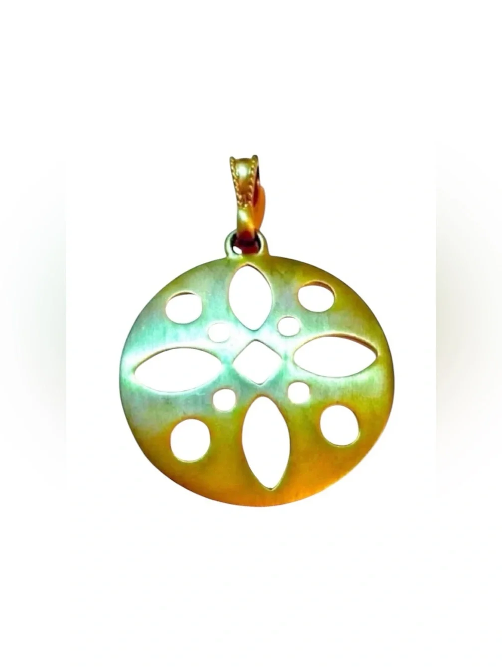 ROUND GOLD PENDANT Vintage 2” Circular Brushed Metal Finish Flower Cutout Design